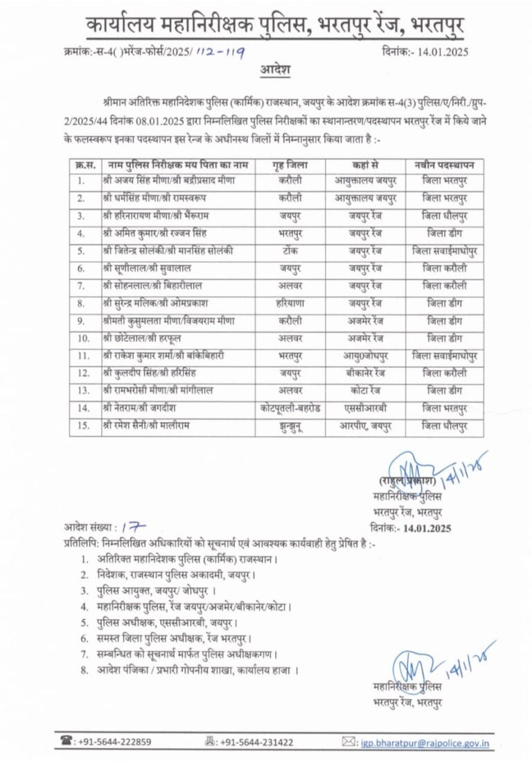 पुलिस निरीक्षक अजय सिंह मीणा, धर्मसिंह मीणा और नेतराम को भरतपुर जिले में पदस्थापित किया गया है।