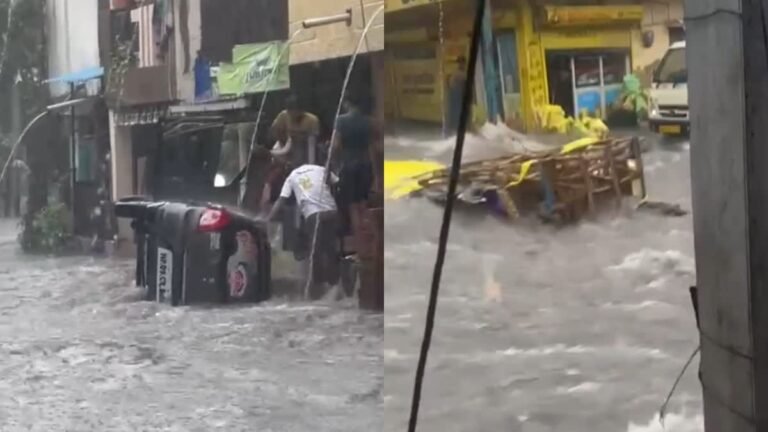 इंदौर की सड़कों पर नदी जैसी बाढ़, पंडाल सहित गणेश प्रतिमा और कार बही, देखें वीडियो