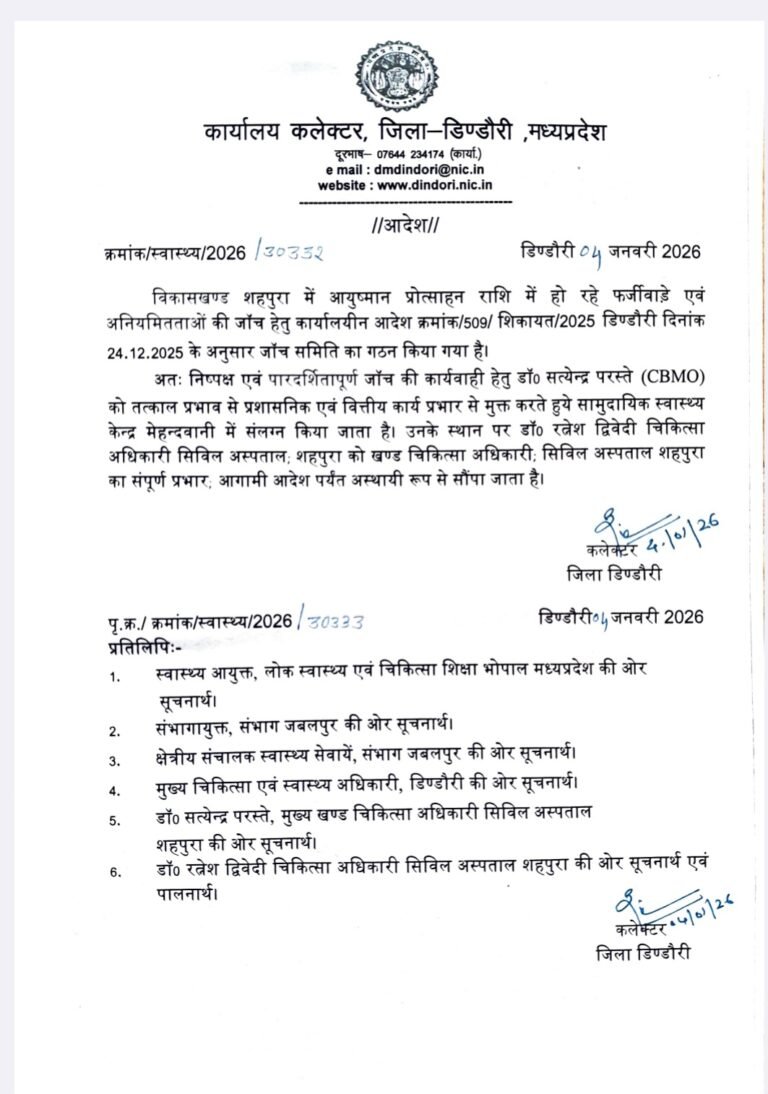 आयुष्मान प्रोत्साहन राशि फर्जीवाड़ा मामले में कलेक्टर की कार्रवाई, शहपुरा में बीएमओ बदले